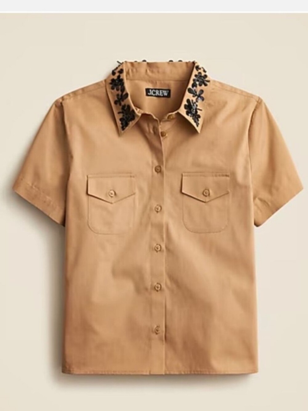 J. Crew Tan Short-Sleeve Button-Down Shirt with Black Floral Collar